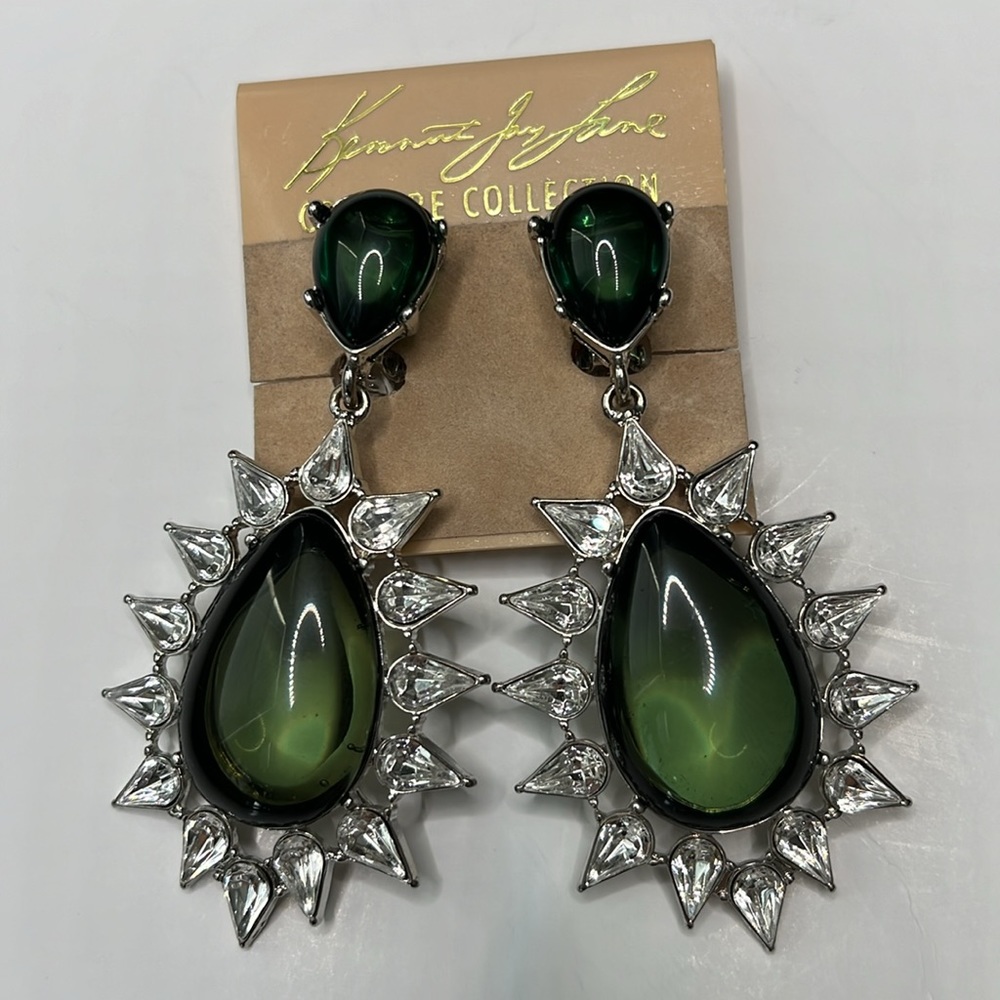 Kenneth Jay Lane Emerald Rhinestone Teardrop Clip on Earrings * New *